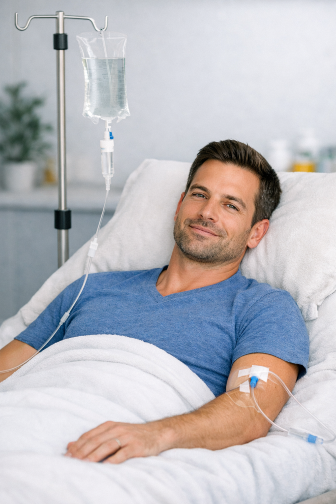 male patient is lying down and receiving IV therapy